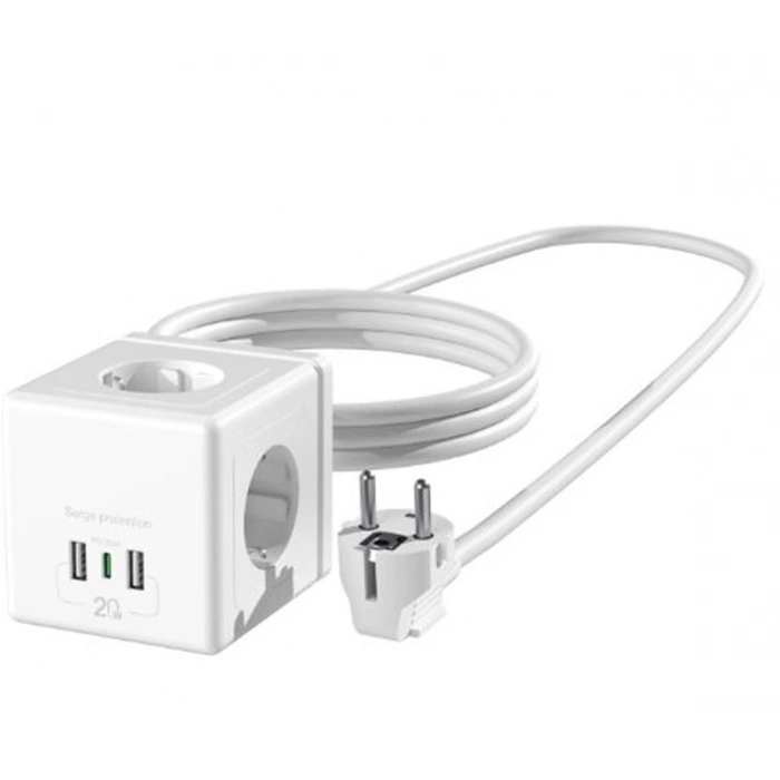 S-link Prz04 4 Soketli 2 Usb 1 Type-c Pd20 2m 306 Joule Tam Bakır Küp Beyaz Akım Korumalı Priz