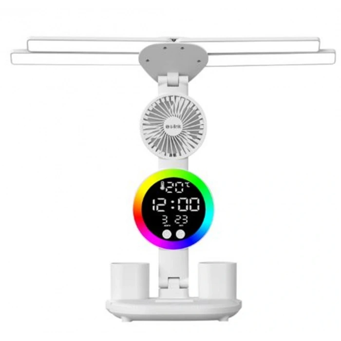 S-link Sl-m9070 Glow Beyaz Dokunmatik Led Lamba Saat, Fan,derece Kalemlikli Masa Lambası