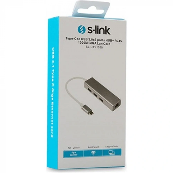 S-link Sl-uty1010 Tpye-c To Usb 3.0 - 3 Ports + Rj Gıgabıt Ethernet Hub
