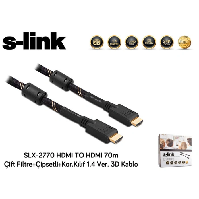 S-link Slx-2770 Hdmı To Hdmı 70m Çift Filtre+çipsetli+kor.kılıf 1.4 Ver. 3d Kablo