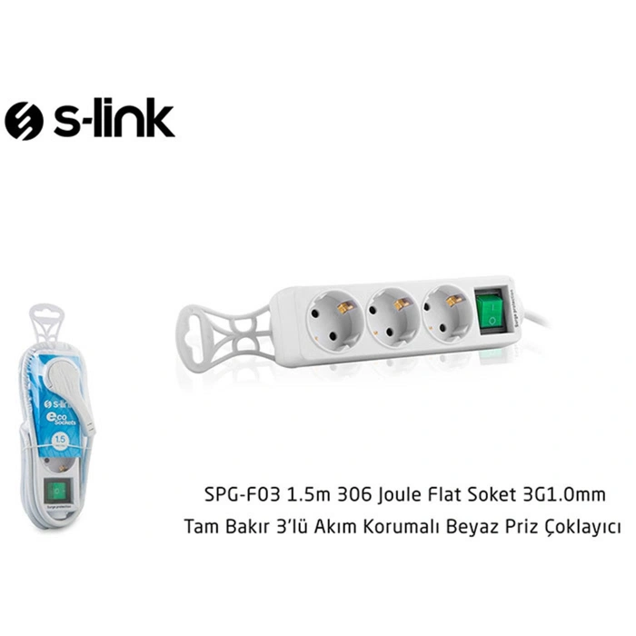 S-link Spg-f03 1.5m 306 Joule Flat Soket 3g1.0mm Tam Bakır 3 Lü Akım Korumalı Priz Çoklayıcı