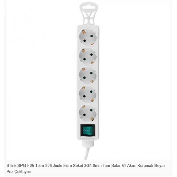 S-link Spg-f05 1.5m 306 Joule Euro Soket 3g1.0mm Tam Bakır 5li Akım Korumalı Beyaz Priz Çoklayıcı
