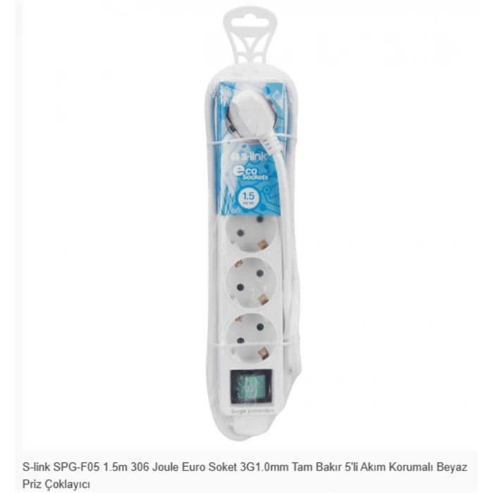 S-link Spg-f05 1.5m 306 Joule Euro Soket 3g1.0mm Tam Bakır 5li Akım Korumalı Beyaz Priz Çoklayıcı