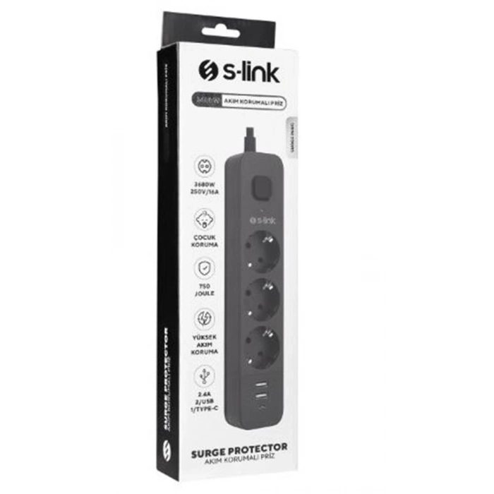 S-link Spg03u  5v2.4a 1.5m 3x1.00mm 100 Yüzde  Bakır 750 Joule 3 Lü Anahtarlı Akım Korumalı Siyah Priz
