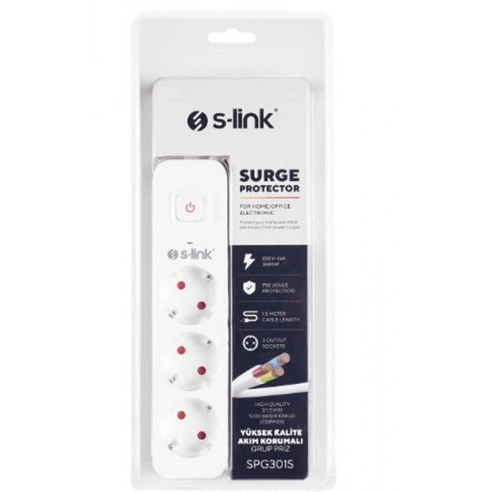 S-link Spg301s 1.5m 3x1.5mm 100 Yüzde  Bakır 750 Joule 3 Lü Anahtarlı Akım Korumalı Priz