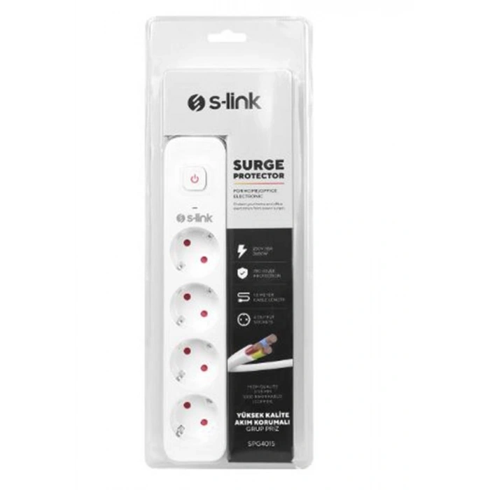 S-link Spg401s 1.5m 1.5mm 100 Yüzde  Bakır 750 Joule 4 Lü Anahtarlı Akım Korumalı Priz