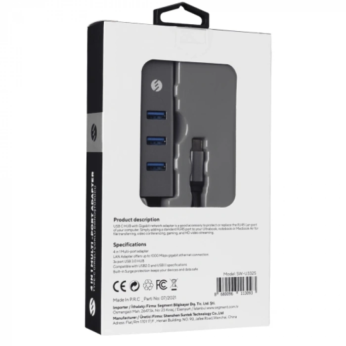 S-lınk Sw-u3325, Gigabit, Type-c To Rj45, 3xusb 3.0, Metal, Ethernet Kartı
