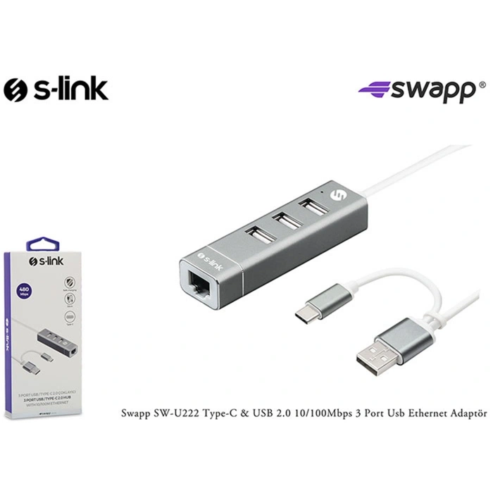 S-link Swapp Sw-u222 Type-c Usb 2.0 10-100mbps 3 Port Usb Ethernet Adaptör