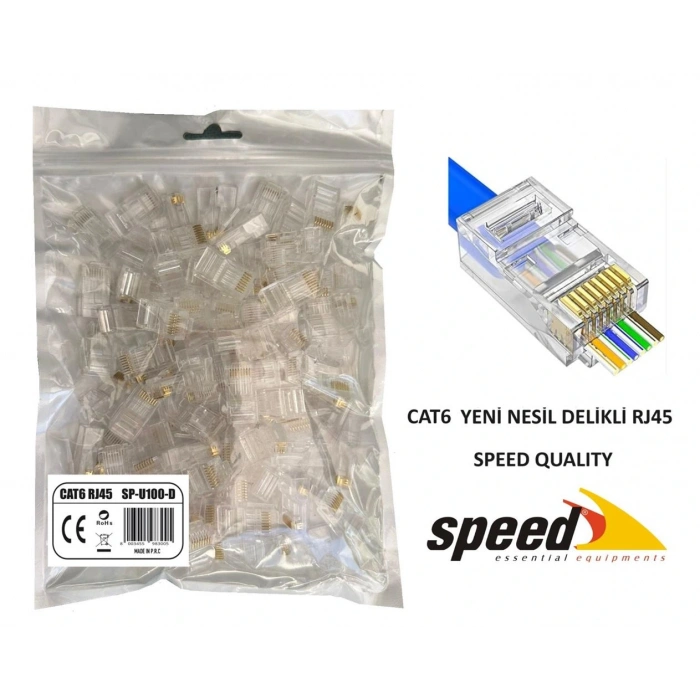 Speed Sp-u100 D Cat6 100 Adet Rj45 Konnektör Delikli Yeni Nesil