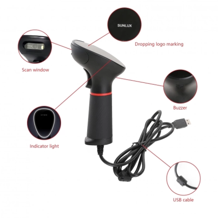 SUNLUX XL-3610, EL Tipi, Cmos,  USB Kablolu, 2D Karekod, Barkod Okuyucu (Ayaklı)