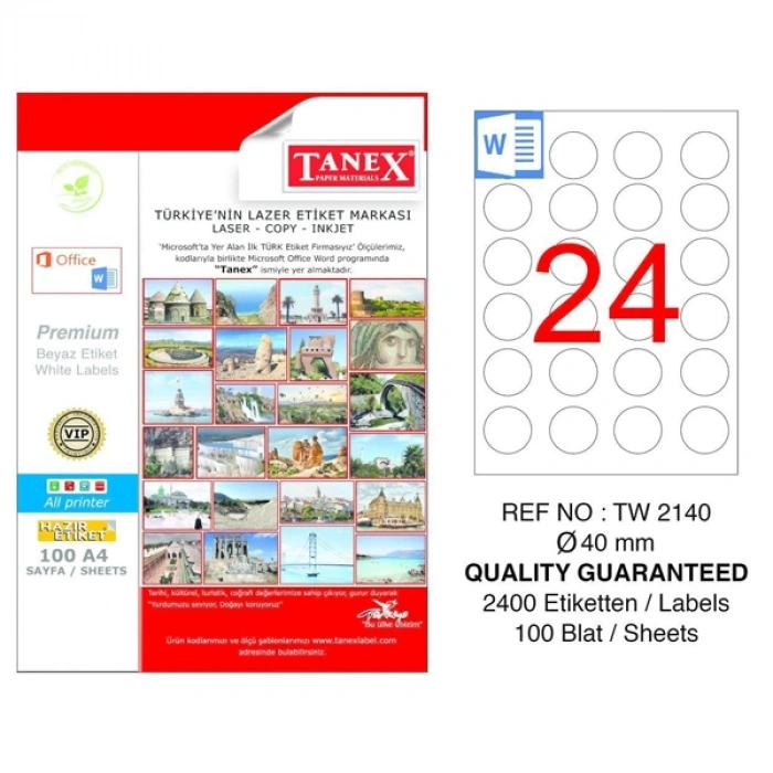 Tanex Laser Etiket 100 Yp 0.40 Mm Laser-copy-ınkjet Yuvarlak Tw-2140