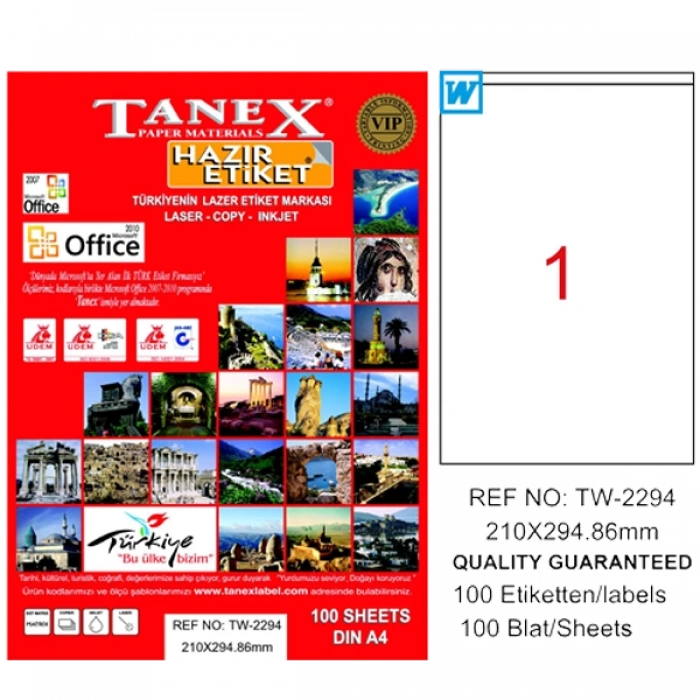 Tanex Laser Etiket 100 YP 210x294,86 Laser-Copy-Inkjet TW-2294