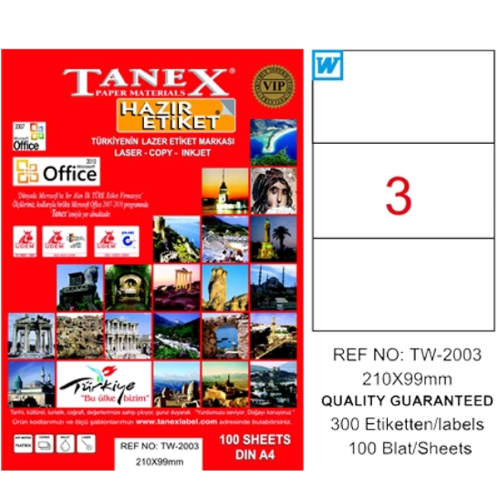 Tanex Laser Etiket 100 YP 210x99 Laser-Copy-Inkjet TW-2003