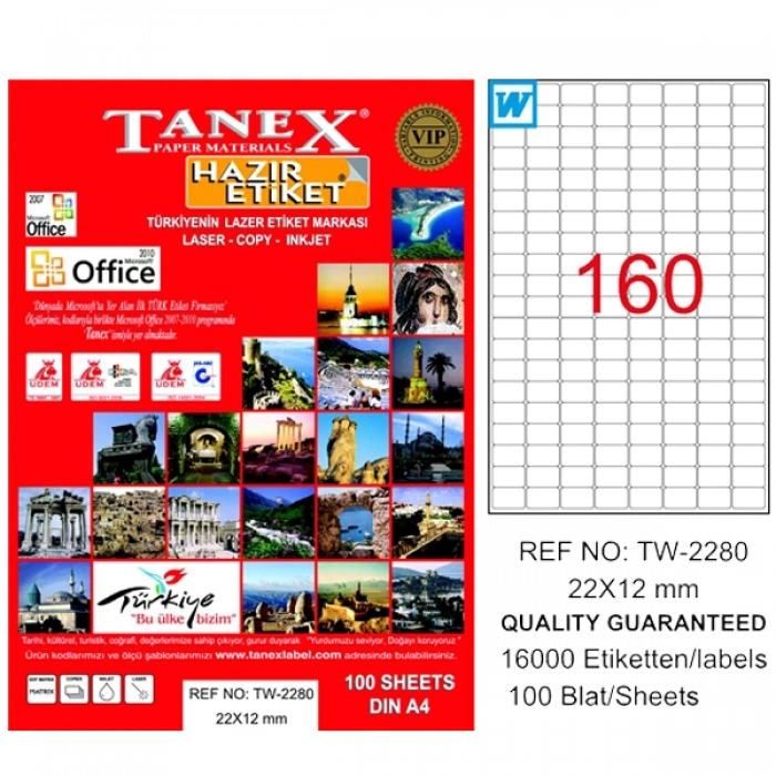 Tanex Laser Etiket 100 Yp 22x12 Laser-copy-ınkjet Tw-2280