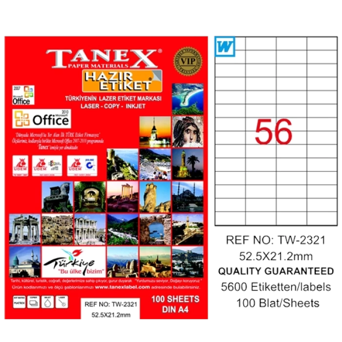 Tanex Laser Etiket 100 YP 52x21 MM Laser-Copy-Inkjet TW-2321
