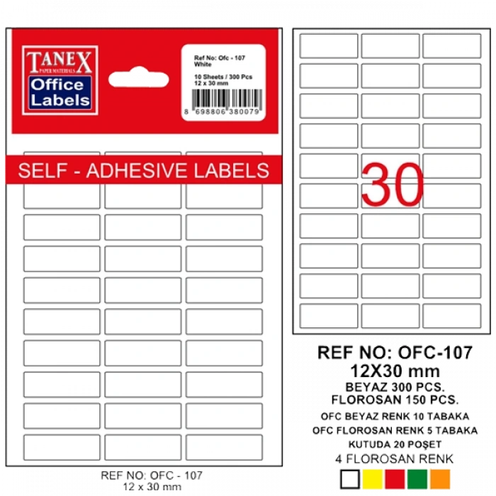 Tanex Ofis Etiketi Poşetli 12x30 MM Beyaz OFC-107