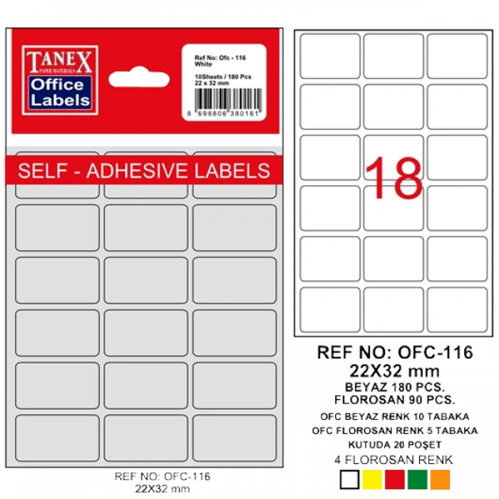 Tanex Ofis Etiketi Poşetli 22x32 MM Beyaz OFC-116
