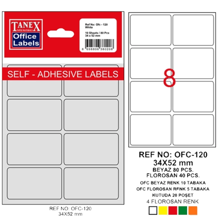 Tanex Ofis Etiketi Poşetli 34x55 MM Beyaz OFC-120