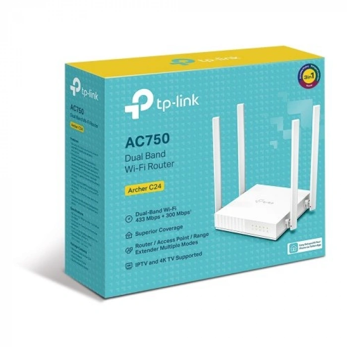 Tp-lınk Archer C24, Ac750, 4port, 750mbps, Dual Band Wifi, Masaüstü, Megabit, Router, Access Point, Range Extender