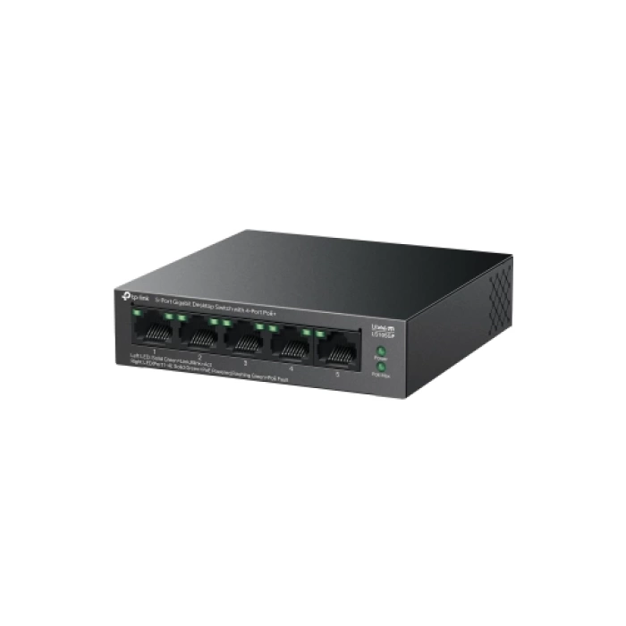 TP-LINK LS105GP, Green Tech, 5 Port, GigaBit, 4 Port PoE 65W, Metal Kasa, Yönetilemez, Masaüstü Switch