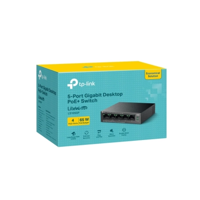 TP-LINK LS105GP, Green Tech, 5 Port, GigaBit, 4 Port PoE 65W, Metal Kasa, Yönetilemez, Masaüstü Switch