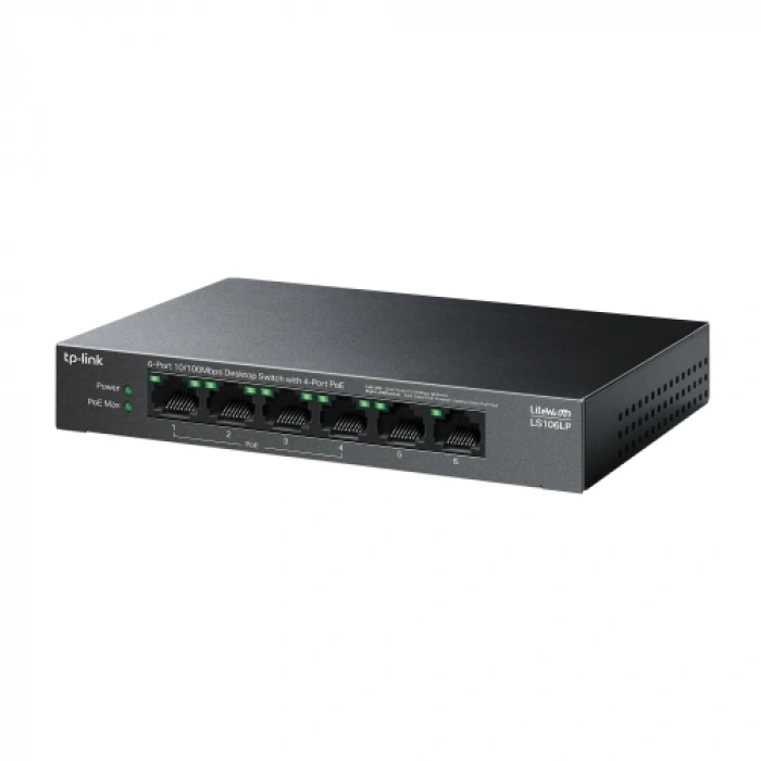 TP-LINK LS106LP, Green Tech, 6 Port, MegaBit, 4 Port PoE 41W, Metal Kasa, Yönetilemez, Masaüstü Switch