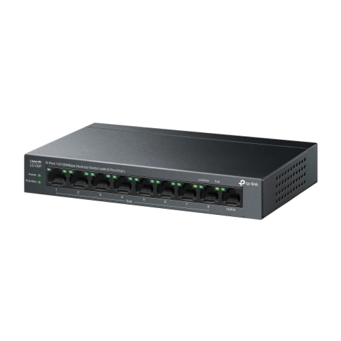 TP-LINK LS109P, Green Tech, 8 Port MegaBit, POE 63W, 1 Port Uplink, Long Range 250Mt, Yönetilemez, Metal Kasalı Switch