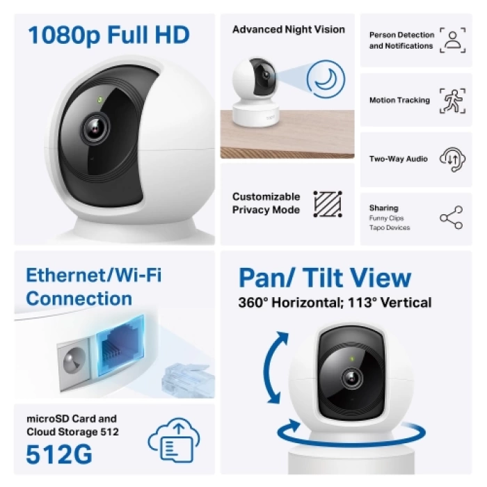 TP-LINK Tapo C202, Bebek/Ev Güvenlik Kamerası, WiFi-Ehernet, 1080P, 12Mt Gece Görüşü, PAN/TILT, iki Yönlü Ses