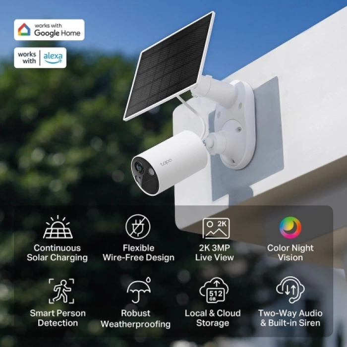 TP-LINK Tapo C410 KIT, 3,0Mpix, Dış Mekan, IP65, WiFi, 9Mt. Renkli Gece Görüşü, İki Yönlü Ses, Güneş Enerjili Güvenlik Kamerası Kiti