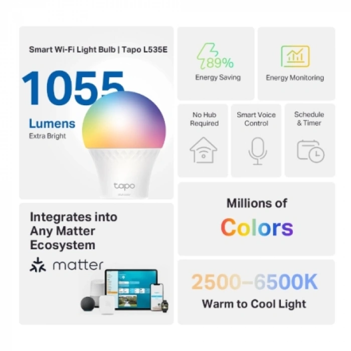 TP-LINK Tapo L535E, Wi-Fi, 75W, 1055 Lümen, Çok Renkli, Akıllı Ampul