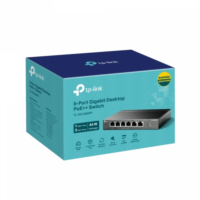 TP-LINK TL-SG1006PP, 6 Port, GigaBit, 4 Port PoE 64W, Yönetilemez, Metal Kasa, Masaüstü Switch