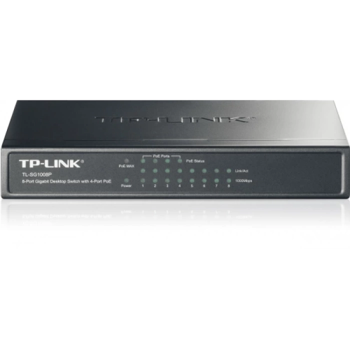 TP-LINK TL-SG1008P, 8 Port, GigaBit, 4 Port PoE, 55W, Yönetilemez, Metal Kasa, Masaüstü Switch