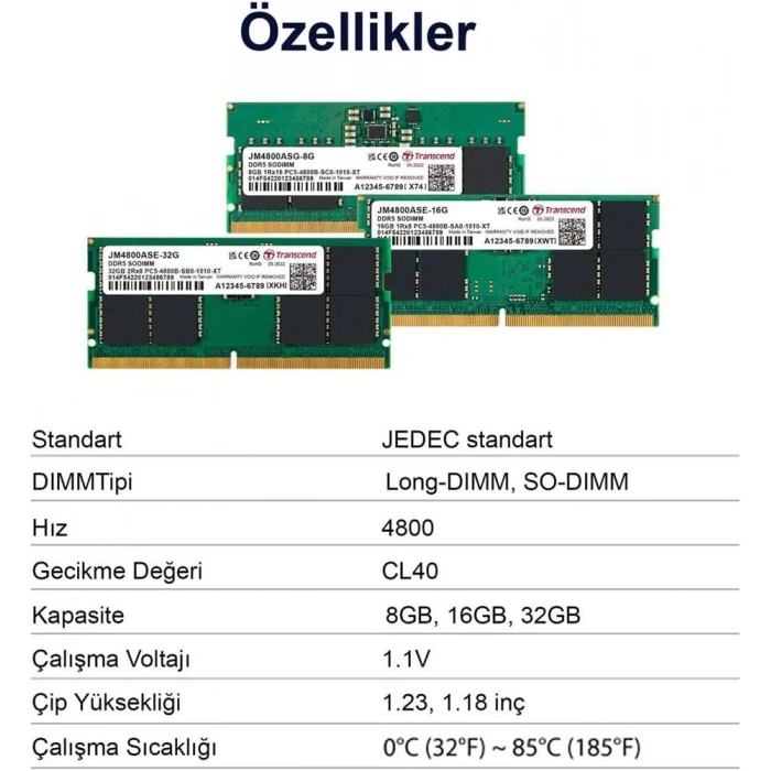 Transcend 32gb(1x32gb) 4800mhz Sodımm Cl40 Ddr5 Notebook Ram (jm4800ase-32g)