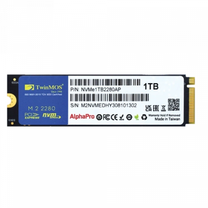 TwinMOS NVMe1TB2280AP, AlphaPro, 1TB, 3600-3250Mb/s, Gen3, NVMe PCIe M.2 2280, SSD, TLC, 3DNAND