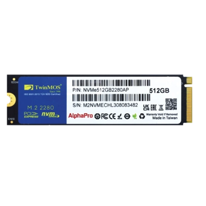 TwinMOS NVMe512GB2280AP, AlphaPro, 512GB, 3600-3250Mb/s, Gen3, NVMe PCIe M.2 2280, SSD, TLC, 3DNAND