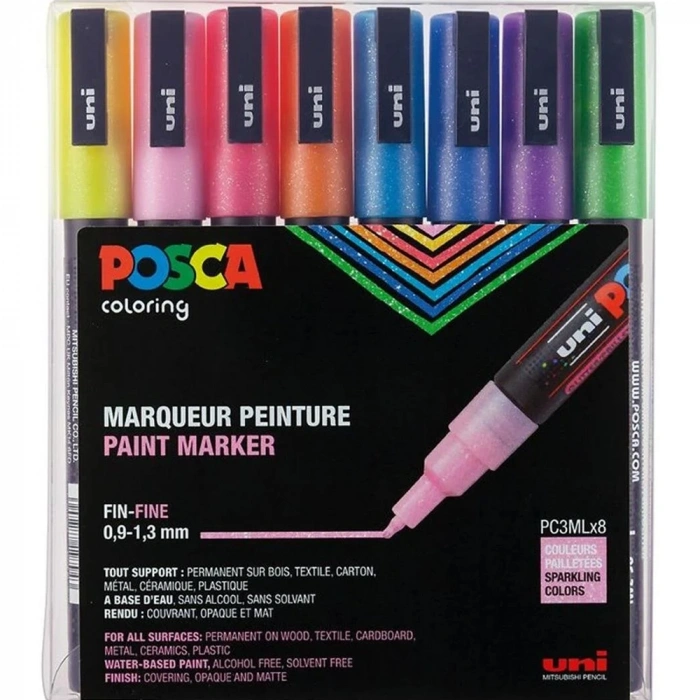 Uni-ball Posca 0.9-1.3 Su Bazlı Poster Markörü Simli 8 Li Pc-3m/8c