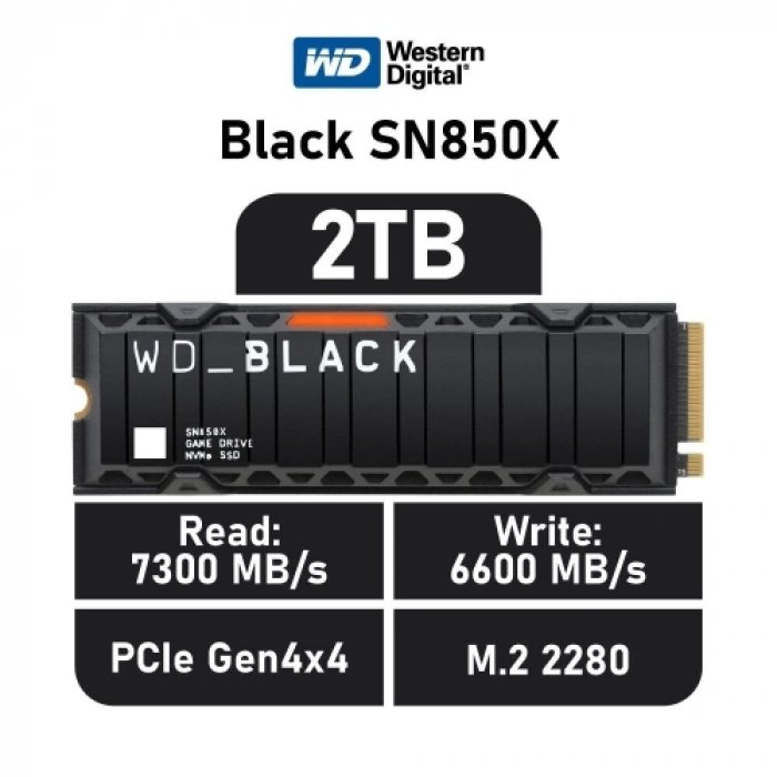 WD Black SN850X, WDS200T2XHE, 2TB, 7300/6600, Gen4, Soğutuculu, NVMe PCIe M.2 2280,  SSD