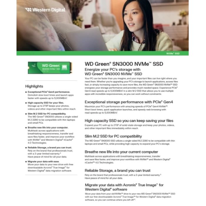 WD Green SN3000, WDS100T4G0E, 1TB, 5000/4200, Gen4, NVMe PCIe M.2 2280, SSD