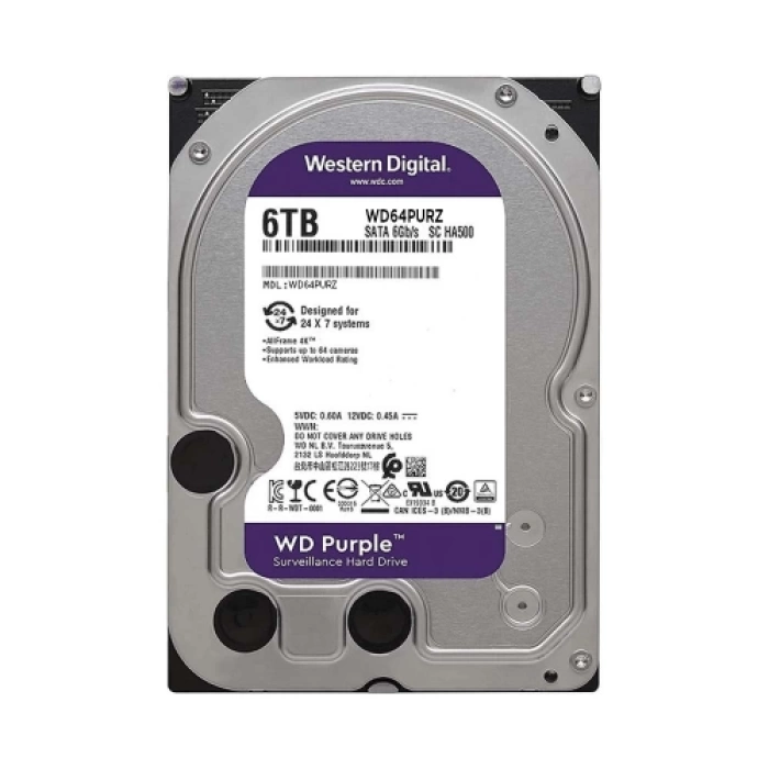 WD PURPLE, WD64PURZ, 3.5", 6TB, 256Mb, 5400 Rpm, 7/24 Güvenlik, HDD (Türkiye Distribütörü Garantili)