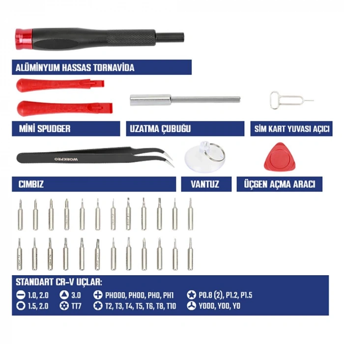 WORKPRO WP200541 32 Parça CR-V Hassas Elektronikçi/Telefoncu Profesyonel Onarım Seti