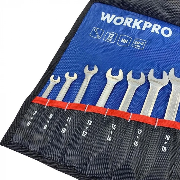 Workpro Wp202507 6-32mm 12 Parça Cr-v Profesyonel Açık Ağız Anahtar Takımı + Bez Taşıma Kılıfı