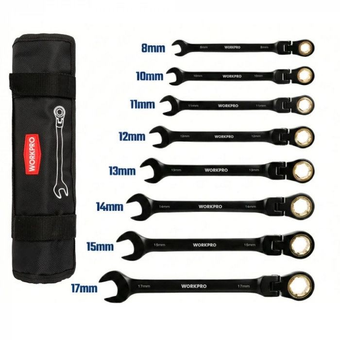 Workpro Wp202603 8-17mm 8 Parça Cr-v Profesyonel Mafsallı Cırcır Kombine Anahtar Takımı + Bez Taşıma Kılıfı