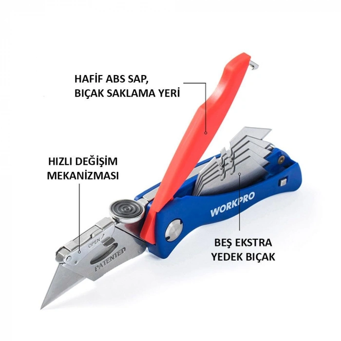 Workpro Wp211006 Ağır Hizmet Paslanmaz Çelik Gövde Katlanır Rötuş Maket Bıçağı + 6 Adet Yedek Bıçak