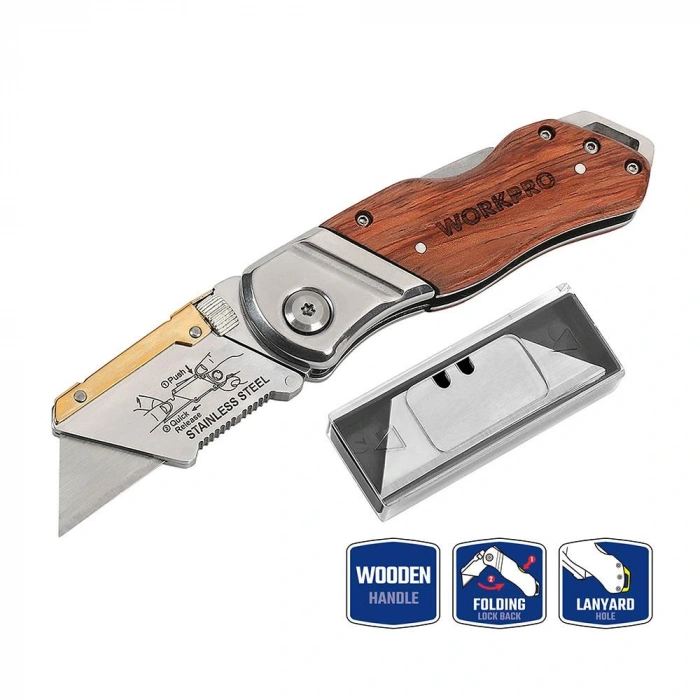 Workpro Wp211014 Ağır Hizmet Paslanmaz Çelik/ahşap Gövde Katlanır Rötuş Maket Bıçağı + 10 Adet Yedek Bıçak