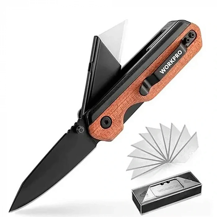 Workpro Wp211015 2-ın-1 Ahşap Saplı Profesyonel Cep Çakısı & Katlanır Rötuş Maket Bıçağı + 11 Adet Yedek Bıçak
