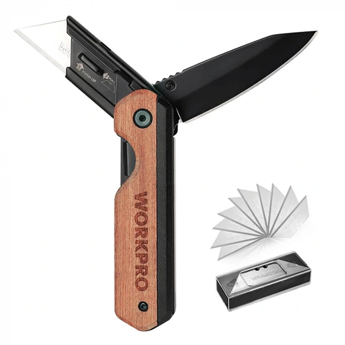 Workpro Wp211015 2-ın-1 Ahşap Saplı Profesyonel Cep Çakısı & Katlanır Rötuş Maket Bıçağı + 11 Adet Yedek Bıçak