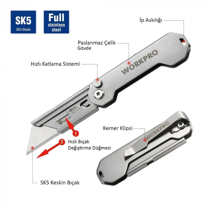 Workpro Wp211016 Paslanmaz Çelik Gövde Katlanır Rötuş Maket Bıçağı