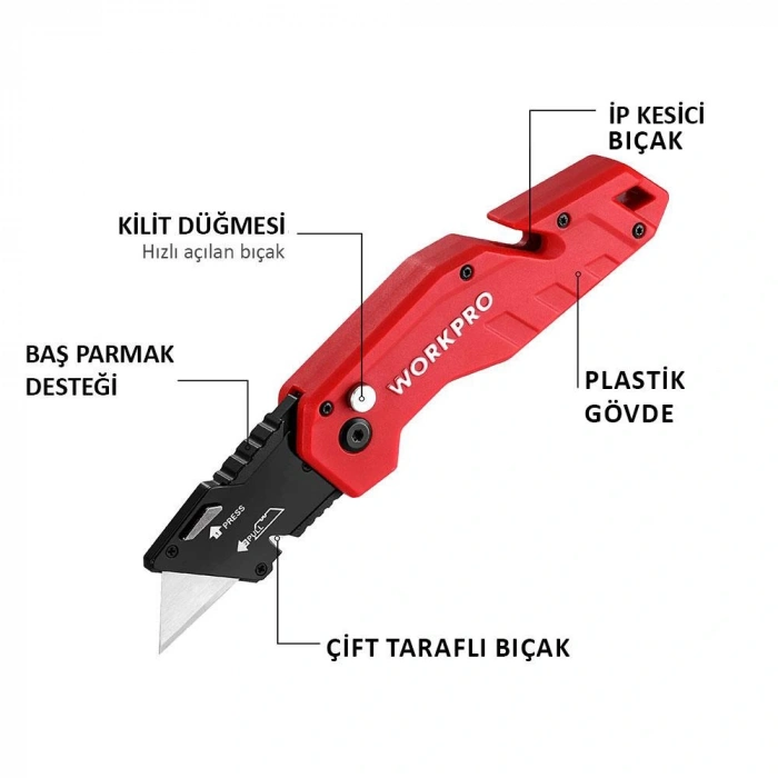 Workpro Wp211018 Profesyonel Katlanır Çok Amaçlı Rötuş Maket Bıçağı + 10 Adet Yedek Bıçak