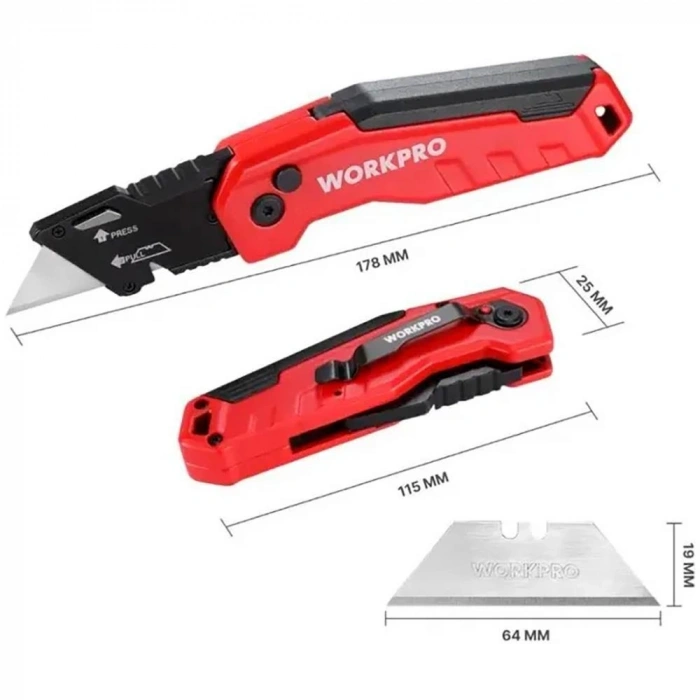 Workpro Wp211026 Katlanır Çok Amaçlı Profesyonel Rötuş Maket Bıçağı + 14 Adet Yedek Bıçak