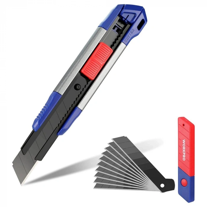 Workpro Wp212022 18mm Ağır Hizmet Alüminyum Kasa Maket Bıçağı + 10 Adet Yedek Bıçak